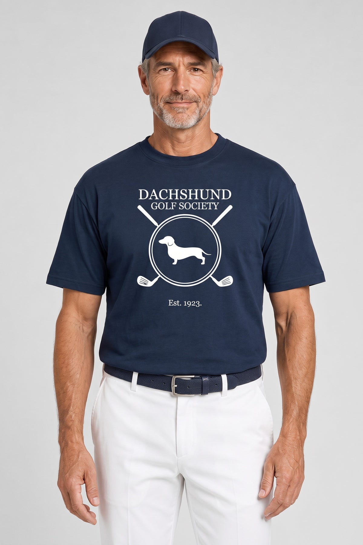 Man wearing the Dachshund Golf Society Tee in navy