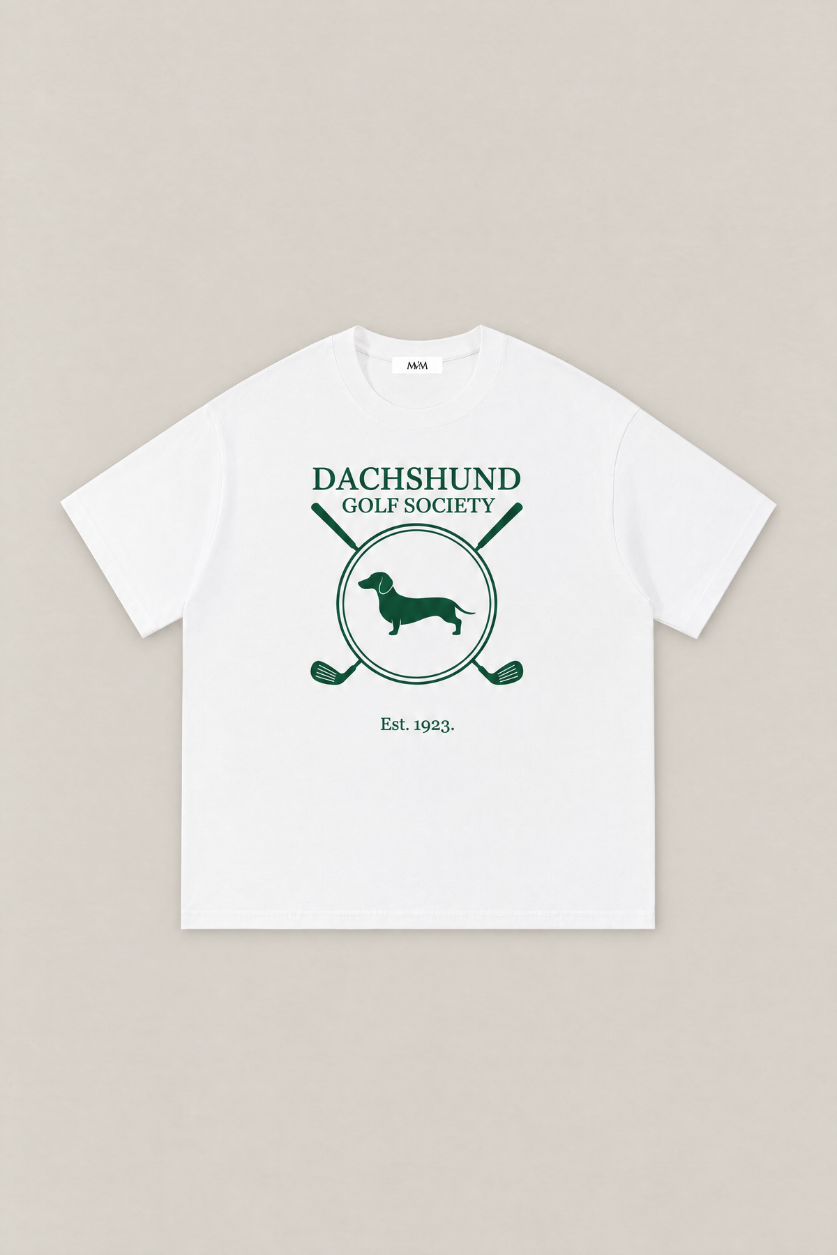 Dachshund Golf Society Tee in white, flat lay front view. Color: White