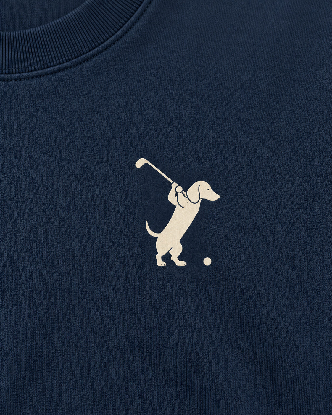 Swing dachshund golf sweatshirt print detail. Color: Navy