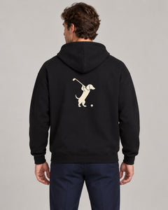 Man wearing Club & Swing dachshund golf hoodie, back studio view. Color: Black