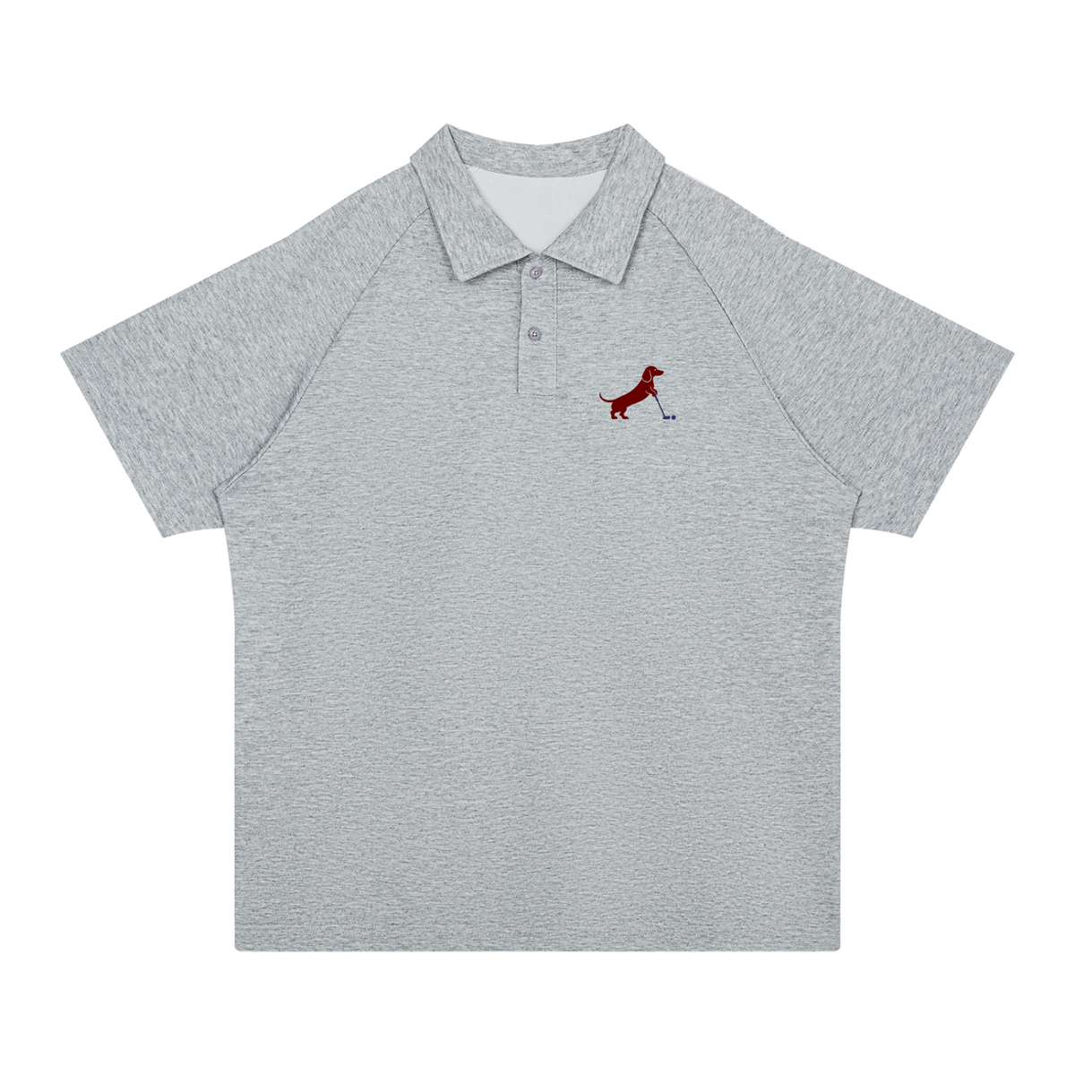 Putting dachshund golf polo, front flatlay. Color: Flower Gray