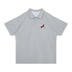 Putting dachshund golf polo, front flatlay. Color: Flower Gray