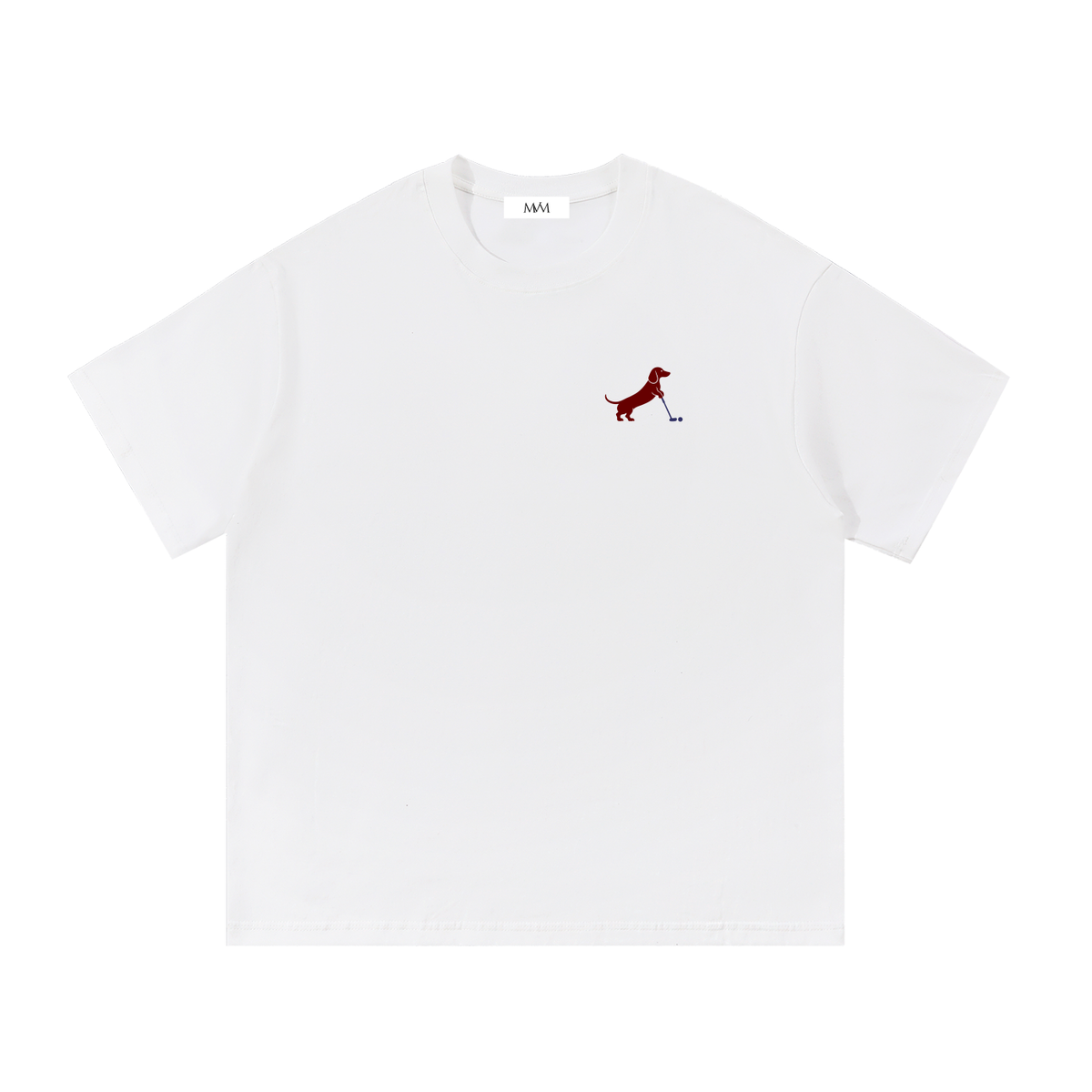 Putting dachshund golf T-shirt, front view. Color: White