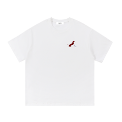 Putting dachshund golf T-shirt, front view. Color: White
