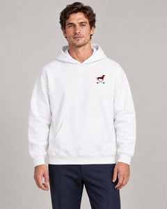 Man wearing Club & Swing dachshund golf hoodie, front studio view. Color: White