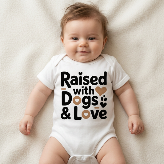 Baby wearing a onesie with 'Raised with Dogs & Love' text on a soft surface