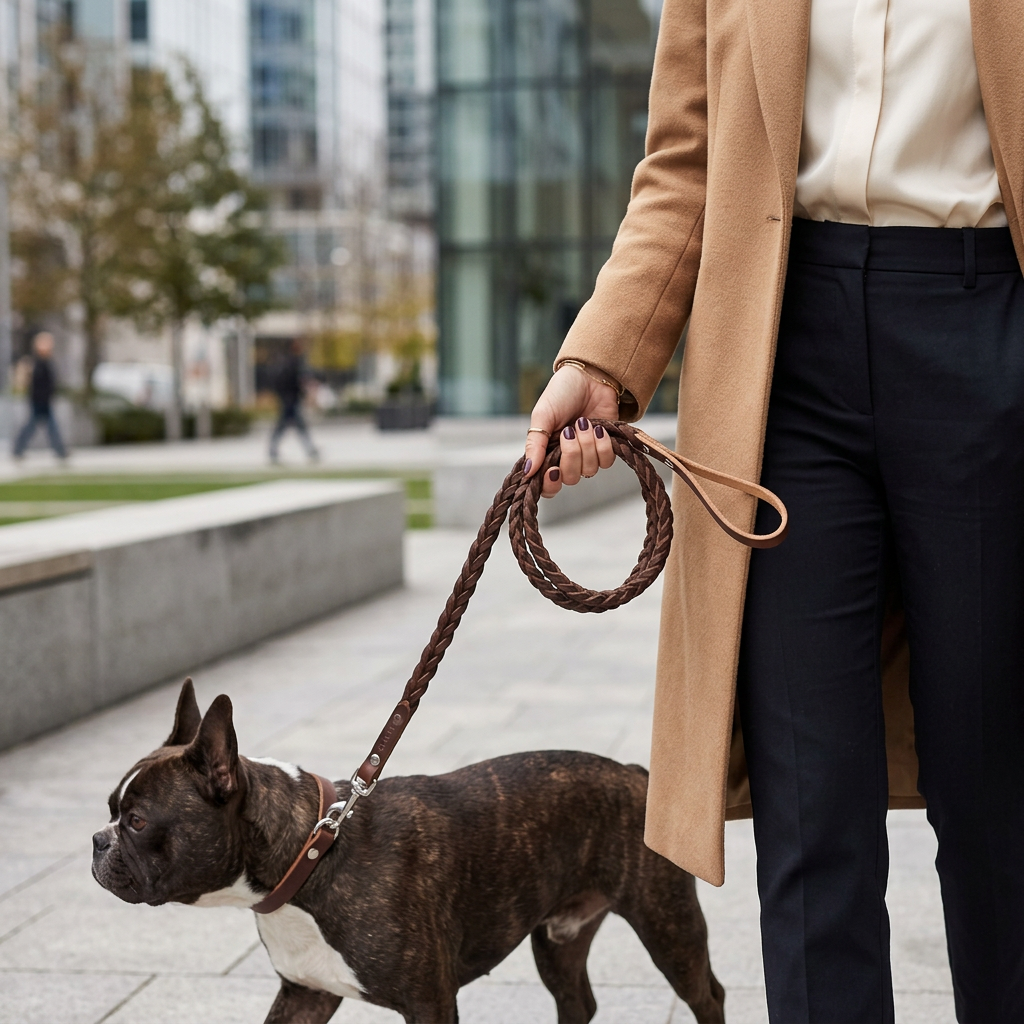 Saddle brown leather dog leash side view, premium stitching