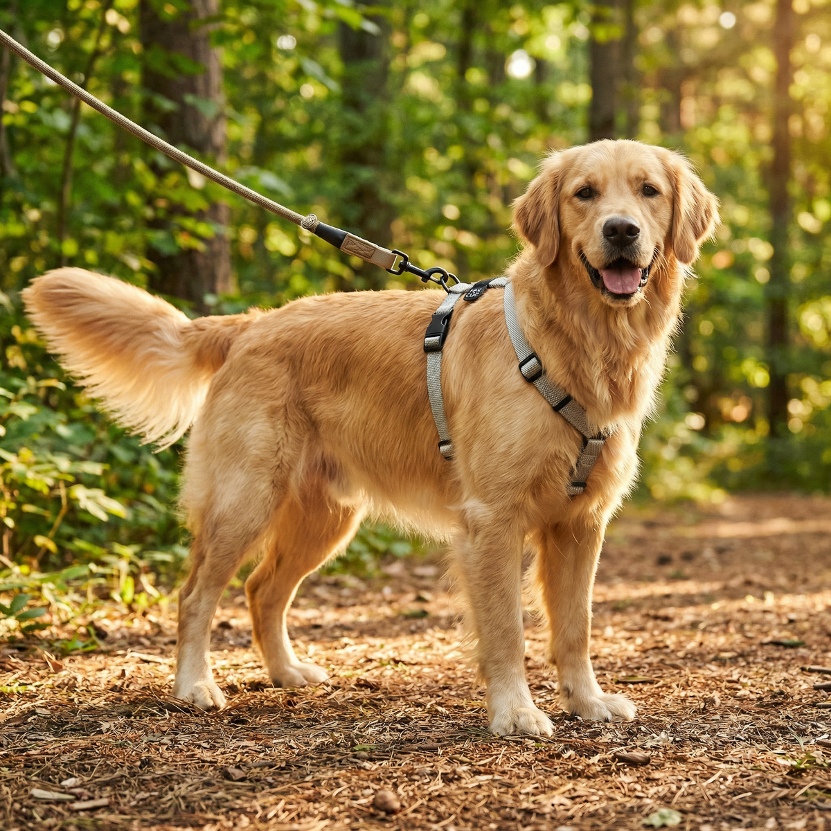 Silver reflective dog harness back view, D-ring attachment