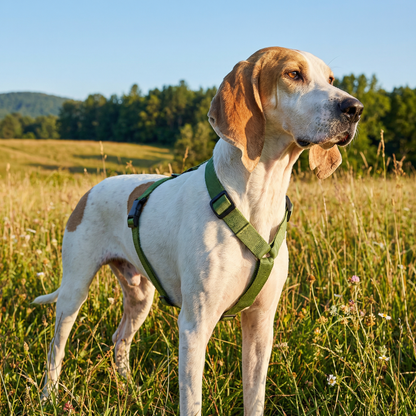 Green reflective dog harness back view, D-ring attachment