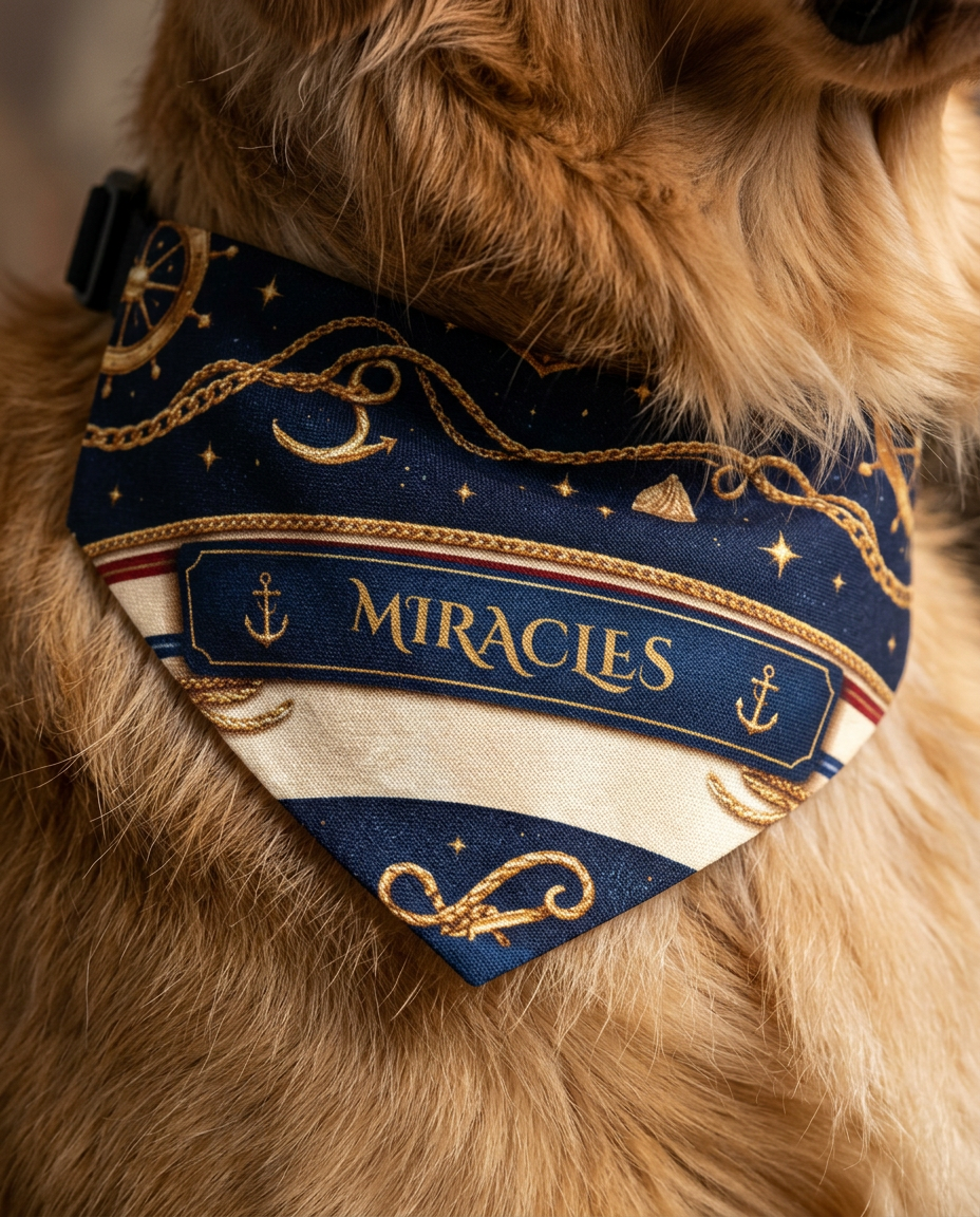 Dog wearing a bandana with 'Miracles' text and decorative elements.