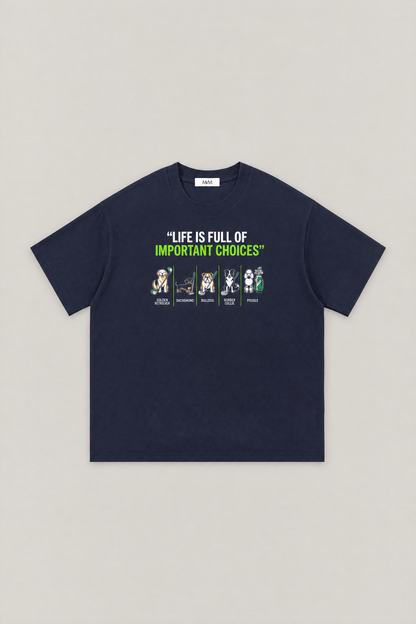 Full of Choices Dog Golf Tee in navy, flat lay front view. Color: Navy
