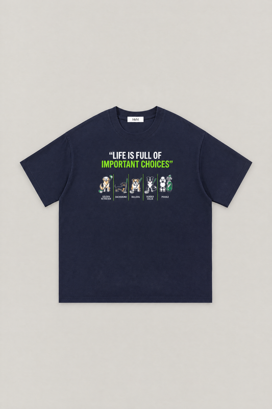 Full of Choices Dog Golf Tee in navy, flat lay front view. Color: Navy