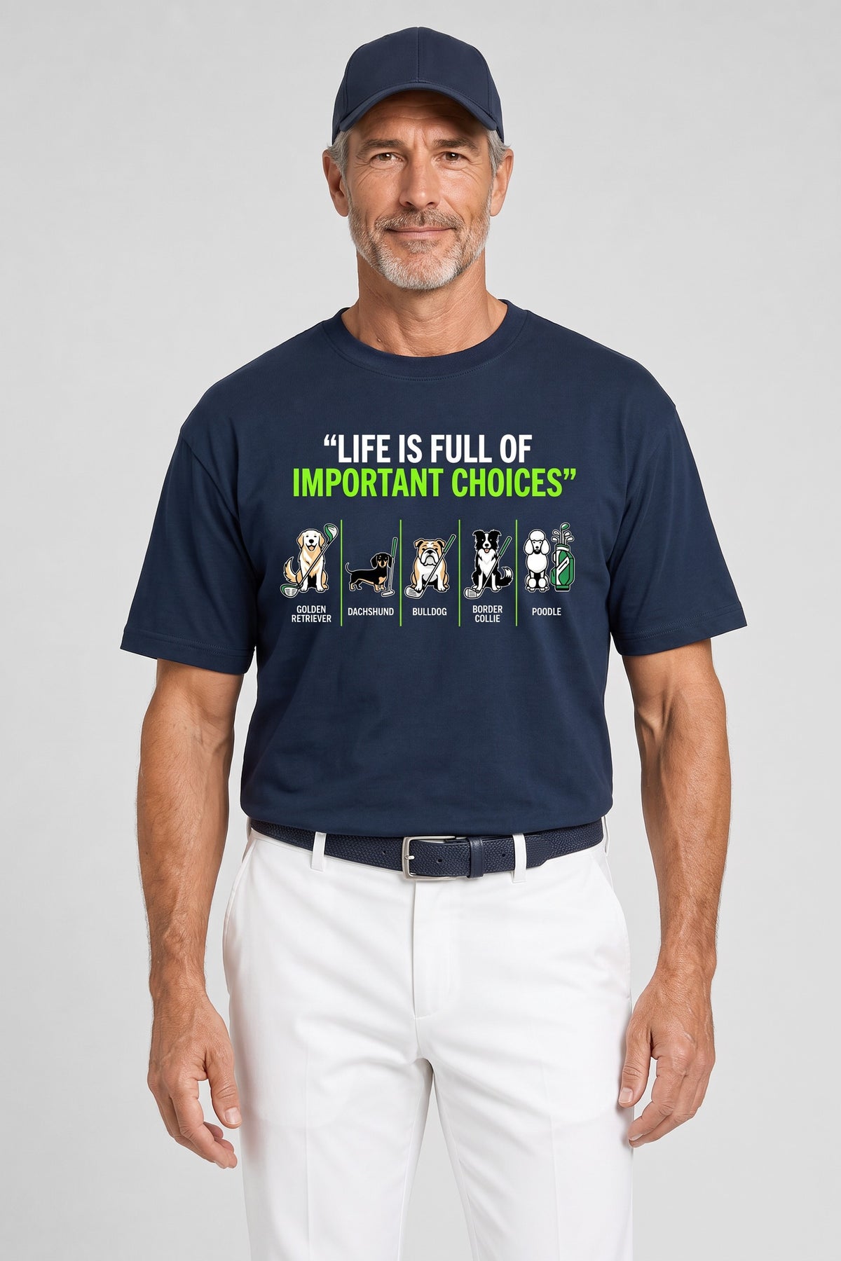 Man wearing the Full of Choices Dog Golf Tee in navy