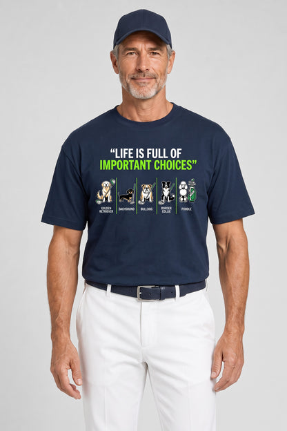 Man wearing the Full of Choices Dog Golf Tee in navy