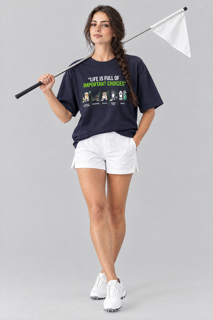 Woman carrying a golf flagstick in the navy Full of Choices Dog Golf Tee and white golf shorts. Color: Navy