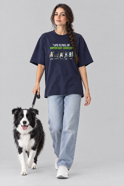 Woman walking a border collie on a leash in the navy Full of Choices Dog Golf Tee. Color: Navy