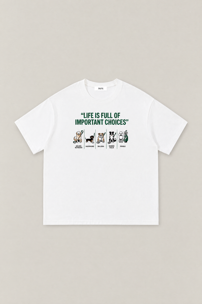 Full of Choices Dog Golf Tee in white, flat lay front view. Color: White