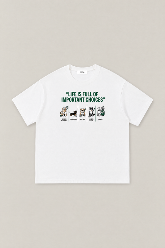 Full of Choices Dog Golf Tee in white, flat lay front view. Color: White
