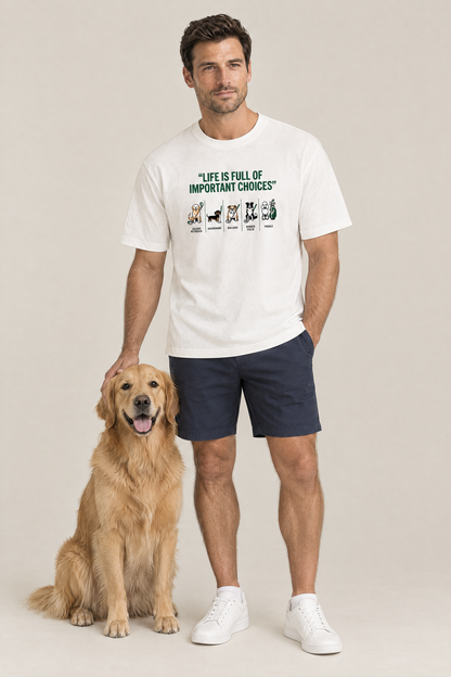 Man wearing the Full of Choices Dog Golf Tee in white with a golden retriever. Color: White