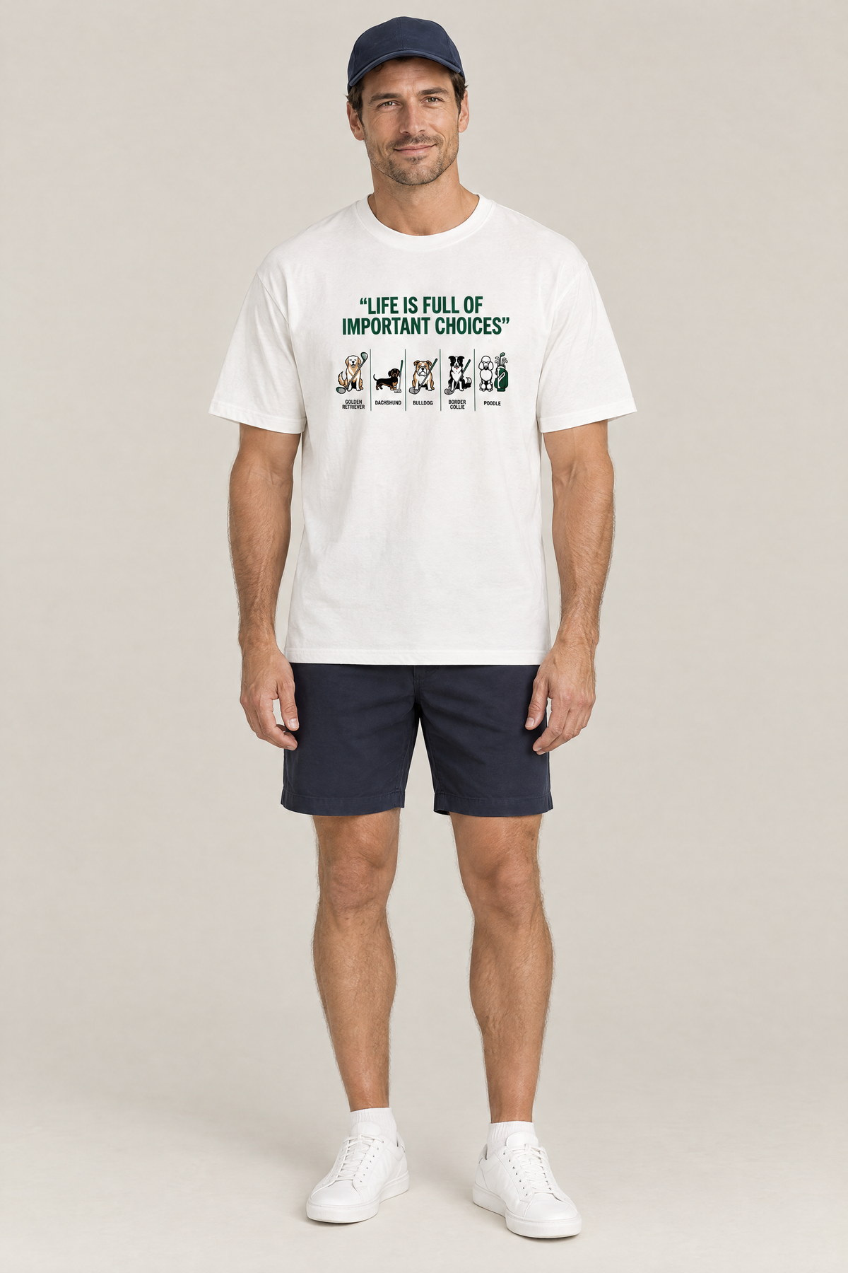 Man wearing the Full of Choices Dog Golf Tee in white with navy golf shorts and a navy cap. Color: White