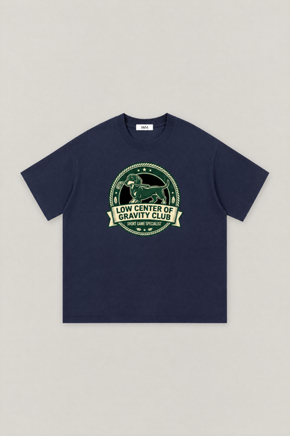Low Center of Gravity Club Dachshund Golf Tee in navy, flat lay front view. Color: Navy