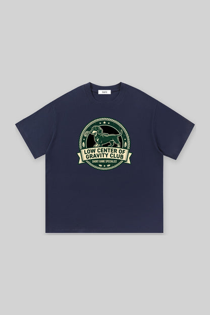Low Center of Gravity Club Dachshund Golf Tee in navy, front view