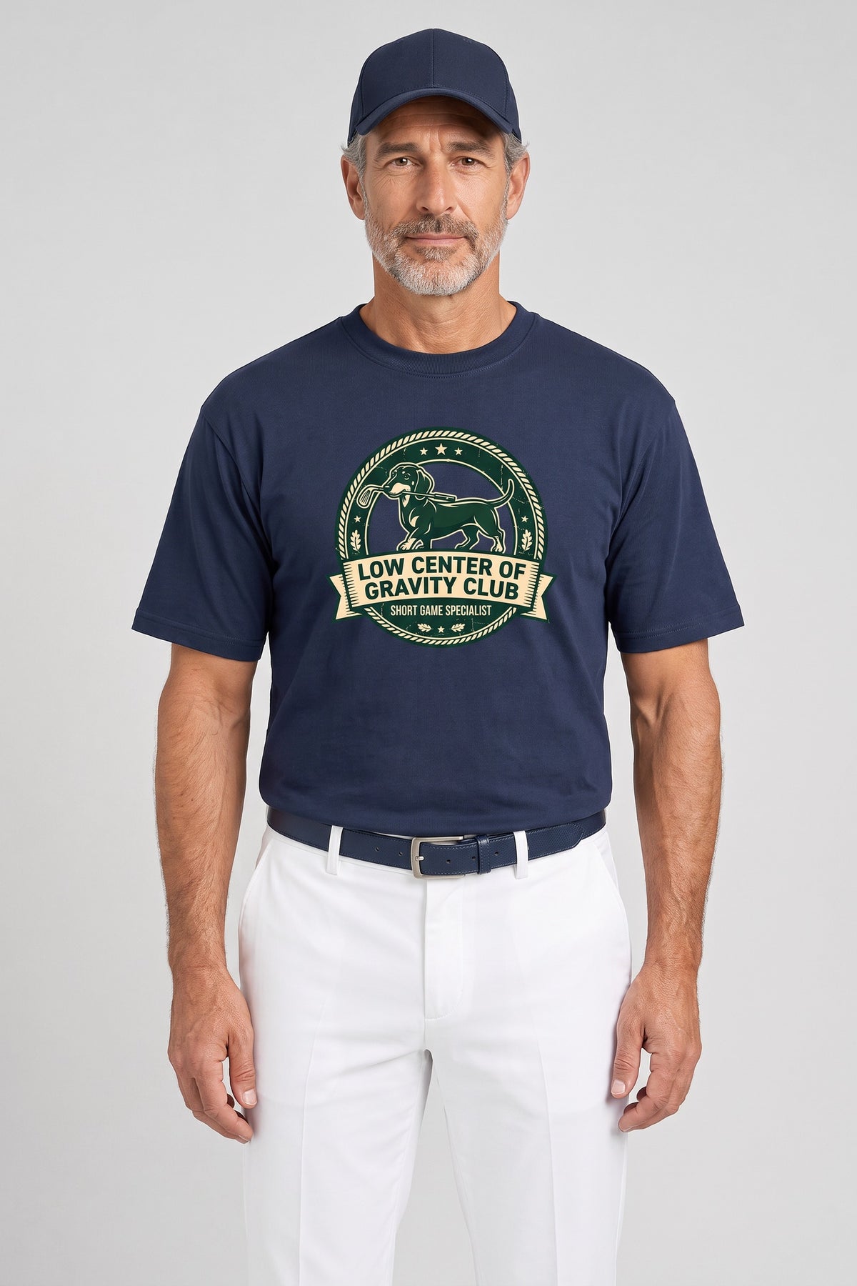 Man wearing the Low Center of Gravity Club Dachshund Golf Tee in navy