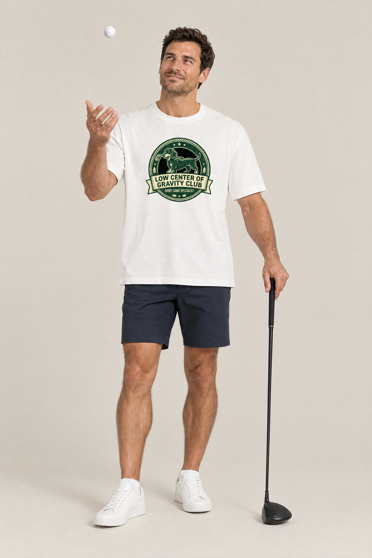 Man tossing a golf ball in the white Low Center of Gravity Club Dachshund Golf Tee. Color: White