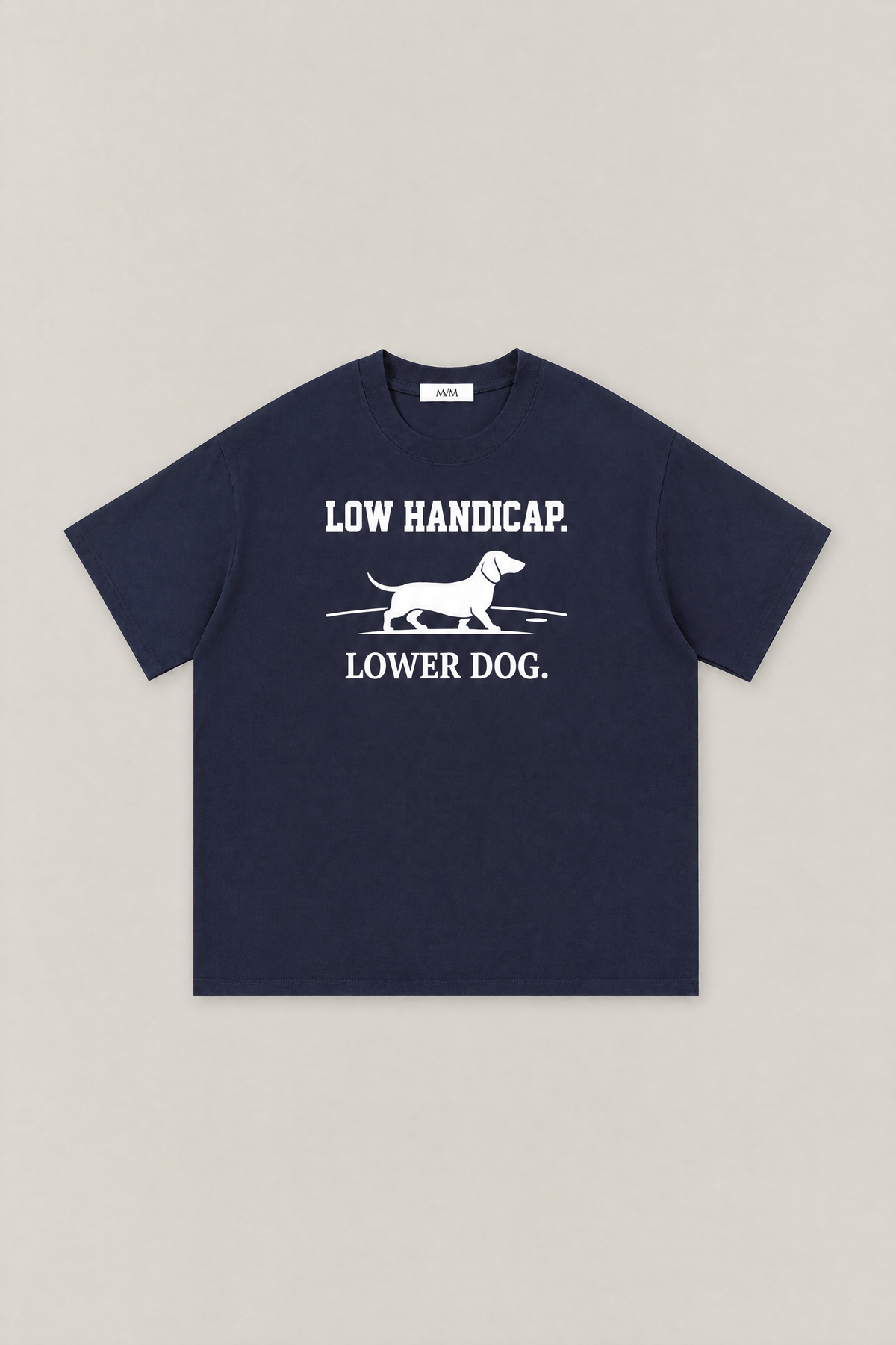 Low Handicap Dachshund Golf Tee in navy, flat lay front view. Color: Navy