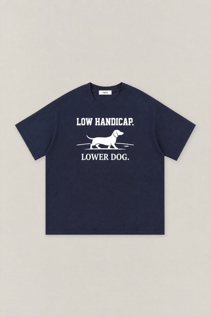 Low Handicap Dachshund Golf Tee in navy, flat lay front view. Color: Navy