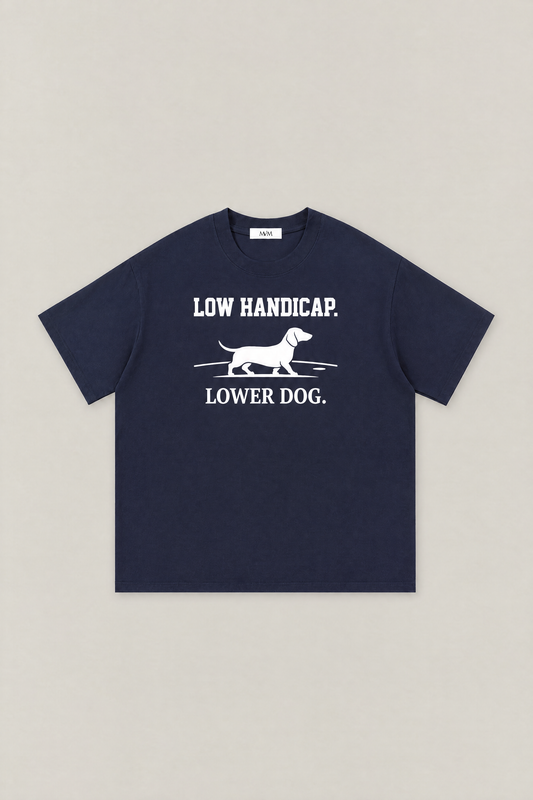 Low Handicap Dachshund Golf Tee in navy, flat lay front view. Color: Navy
