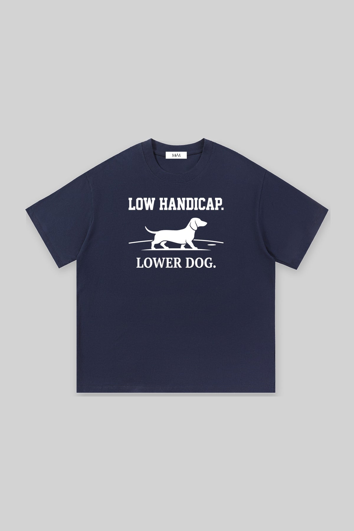 Low Handicap Dachshund Golf Tee in navy, front view
