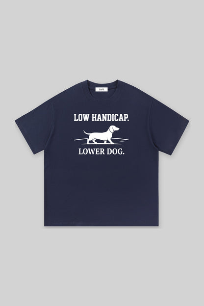 Low Handicap Dachshund Golf Tee in navy, front view