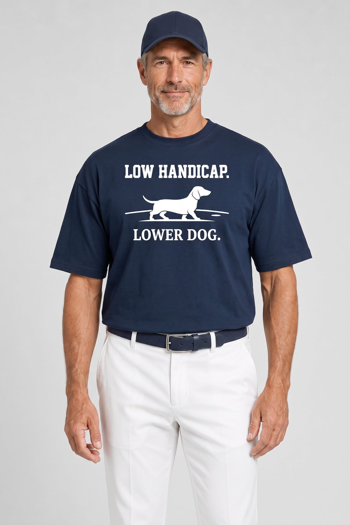 Man wearing the Low Handicap Dachshund Golf Tee in navy