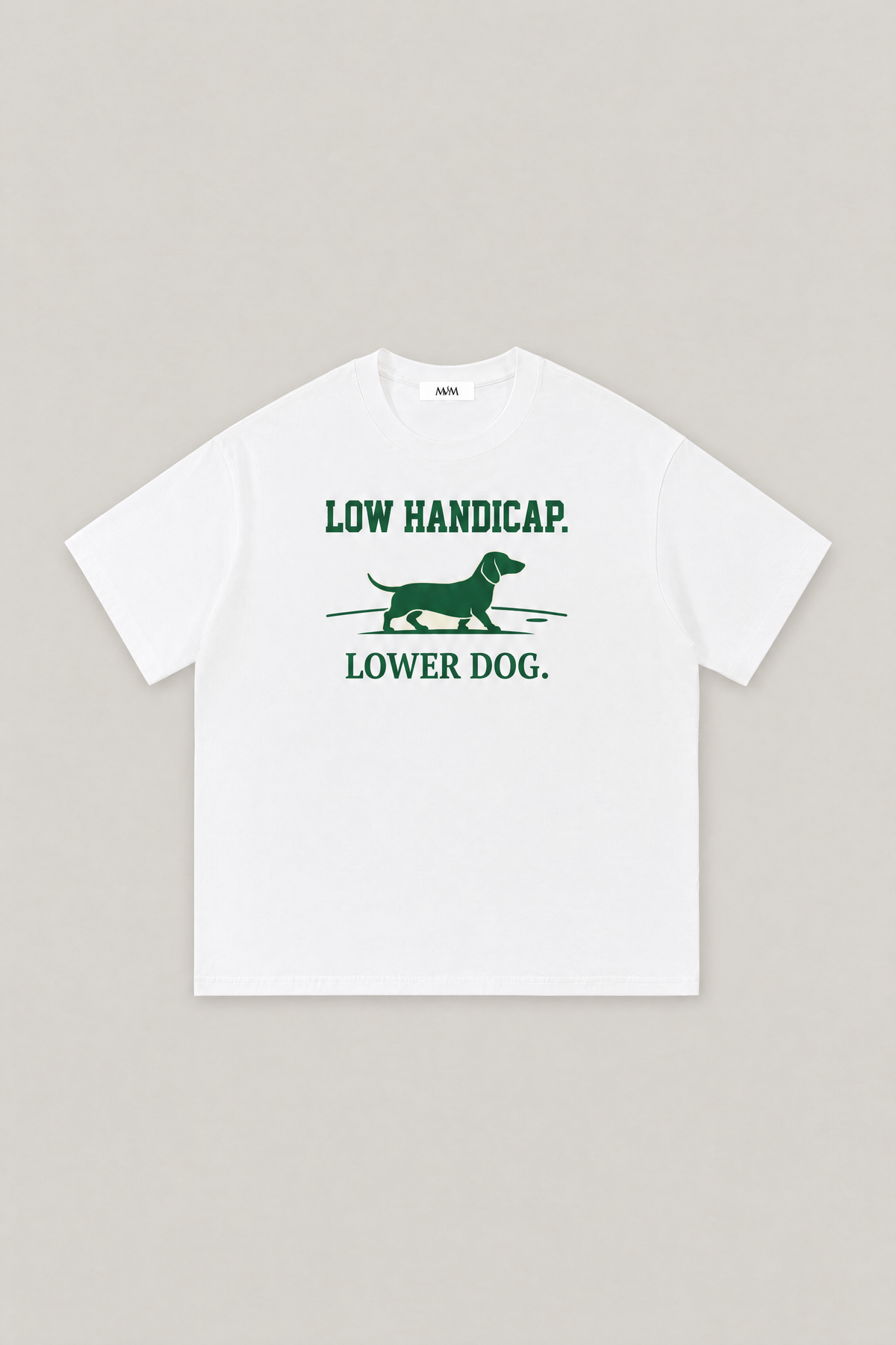 Low Handicap Dachshund Golf Tee in white, flat lay front view. Color: White