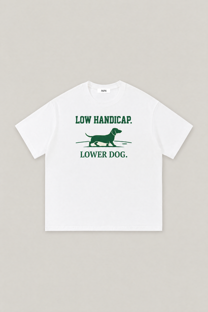 Low Handicap Dachshund Golf Tee in white, flat lay front view. Color: White