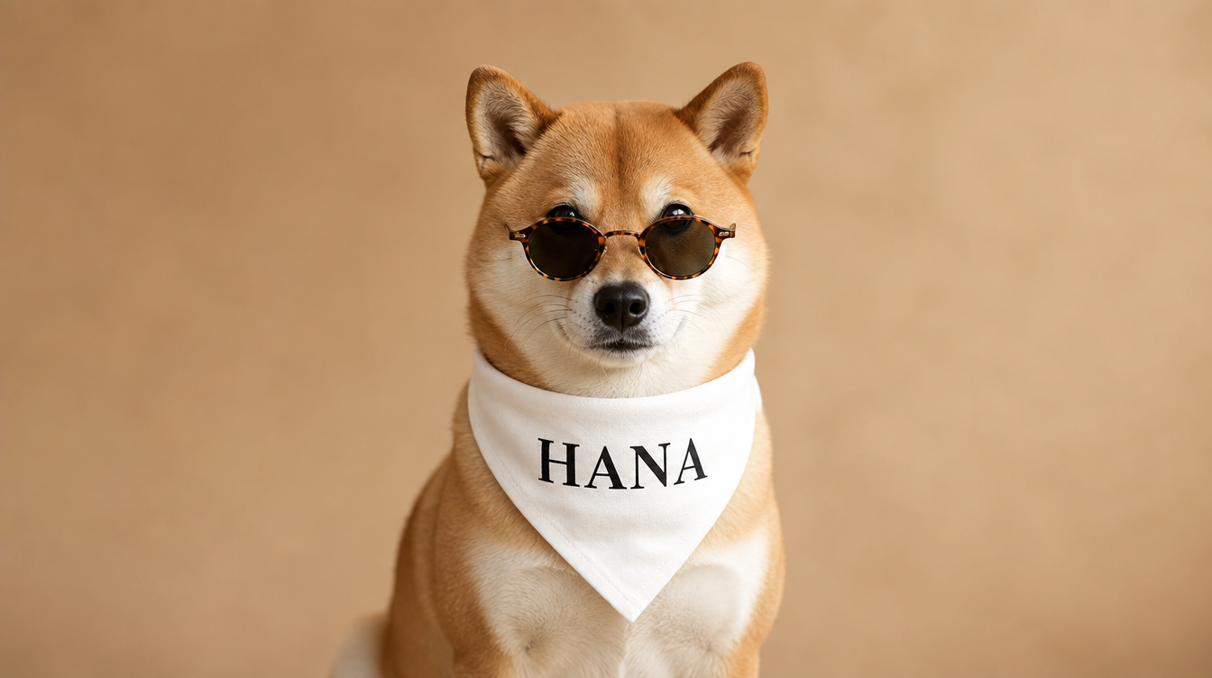 Dog wearing sunglasses and a bandana with 'HANA' on a beige background