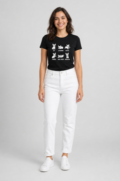 Woman wearing white Sit Lie Down Fetch dog t-shirt