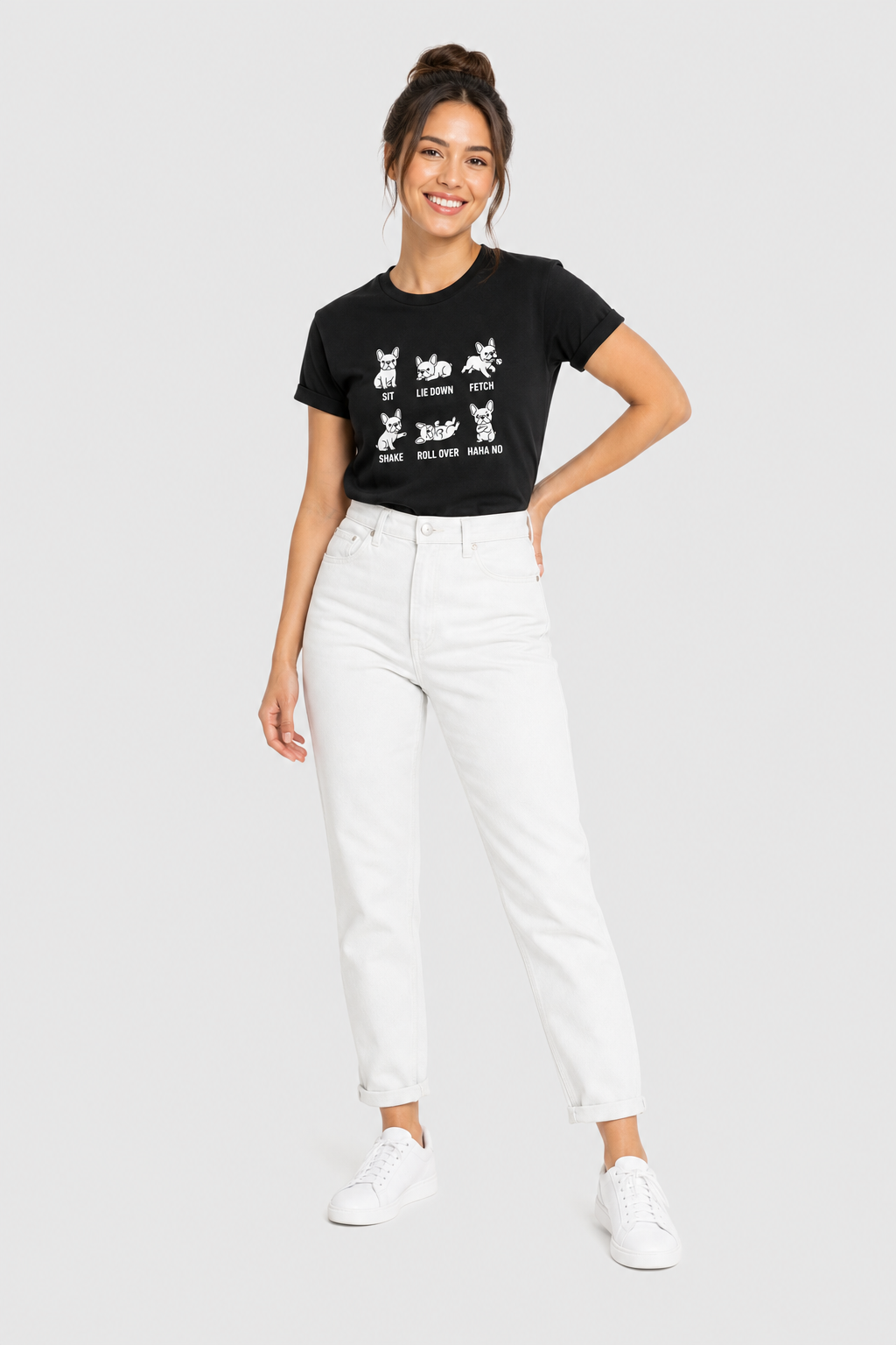White t-shirt with Sit Lie Down Fetch dog training print, unisex crew neck
