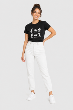 White t-shirt with Sit Lie Down Fetch dog training print, unisex crew neck