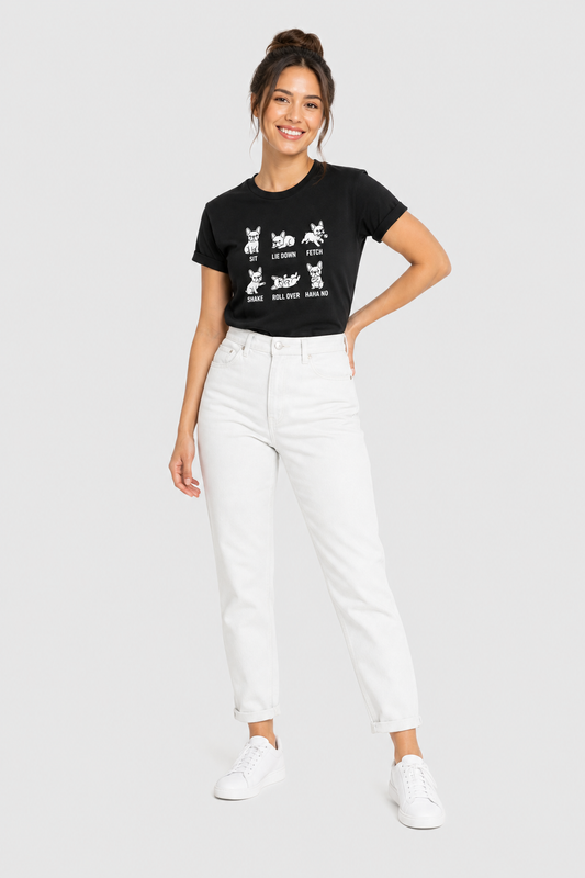 White t-shirt with Sit Lie Down Fetch dog training print, unisex crew neck