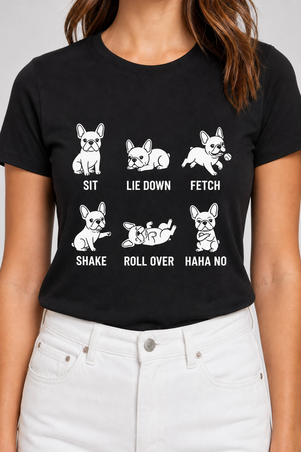 Man wearing white t-shirt with Sit Lie Down Fetch print