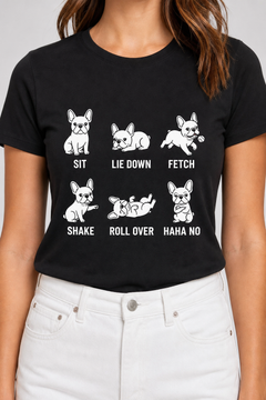 Man wearing white t-shirt with Sit Lie Down Fetch print