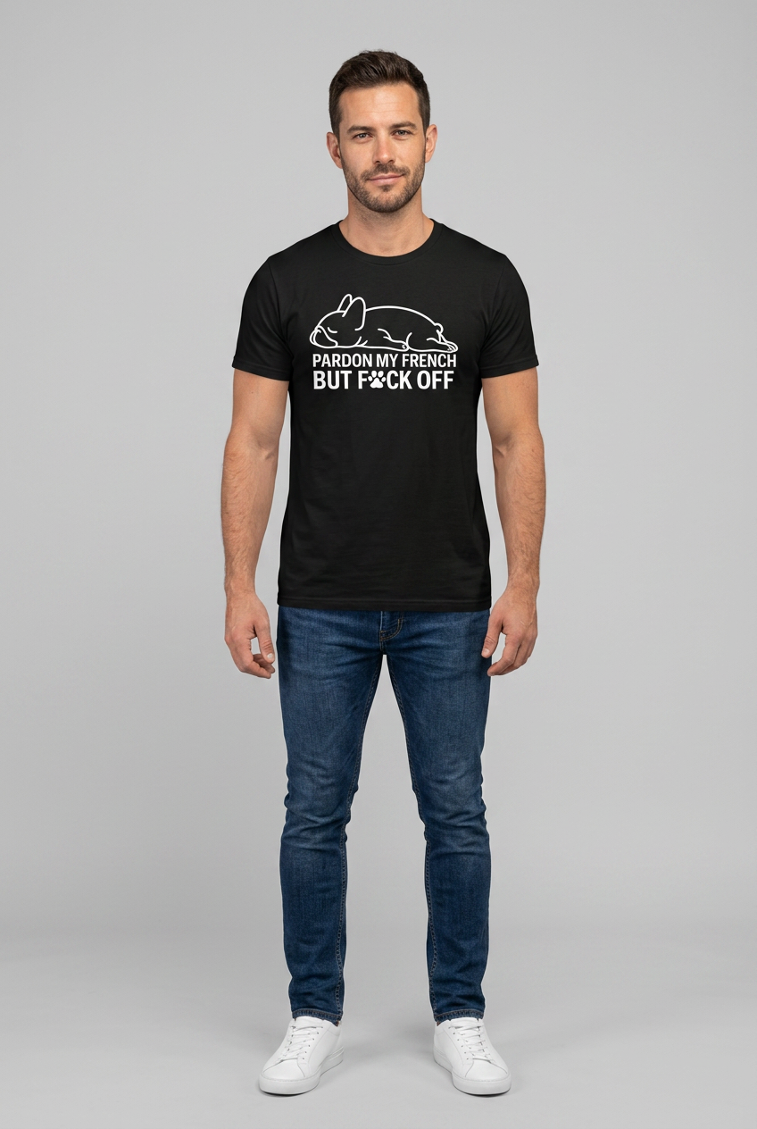 White t-shirt with Pardon My French Bulldog print, unisex crew neck