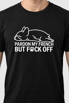 Man wearing white t-shirt with Pardon My French Bulldog print