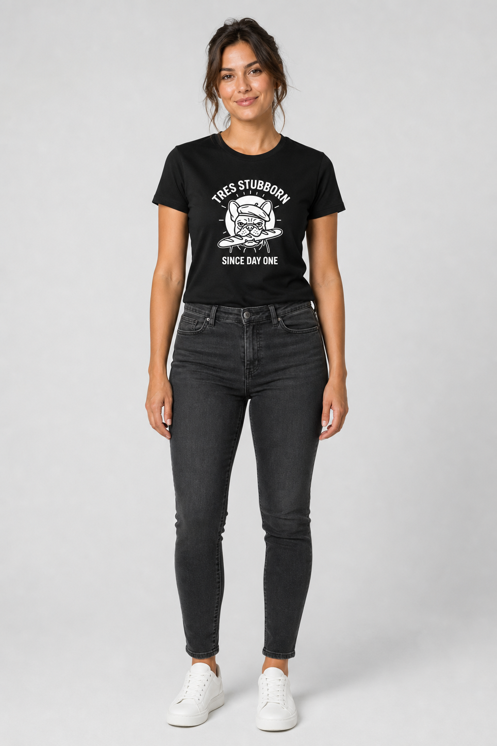 White t-shirt with Tres Stubborn Since Day One french bulldog print, unisex crew neck