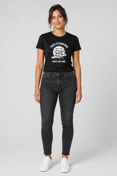 White t-shirt with Tres Stubborn Since Day One french bulldog print, unisex crew neck
