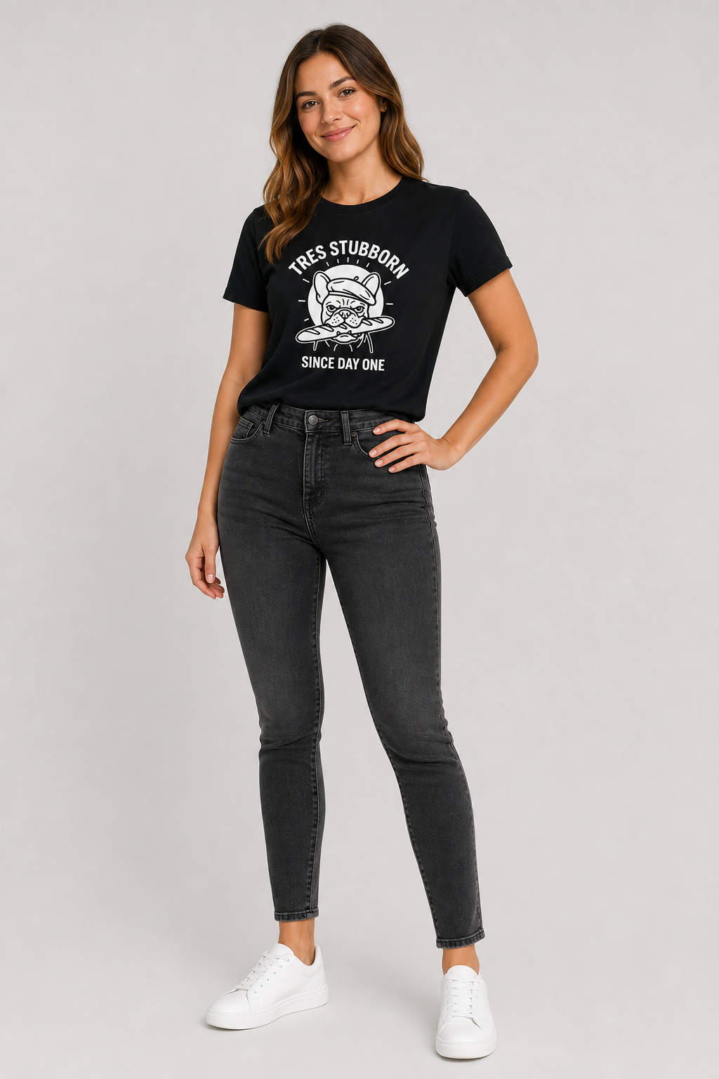 Woman wearing white Tres Stubborn french bulldog t-shirt