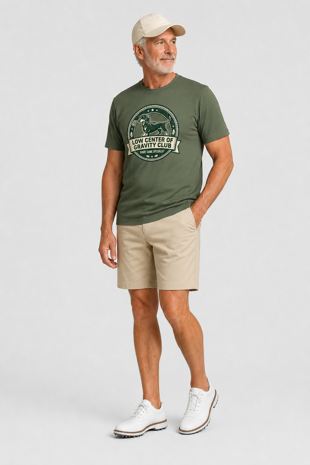 White t-shirt with Low Center of Gravity dachshund golf print, unisex crew neck