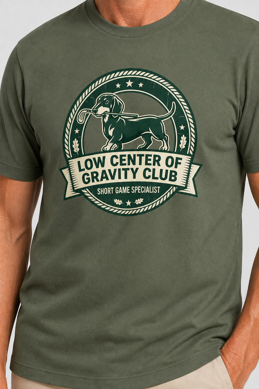 Man wearing white t-shirt with dachshund golf Low Center of Gravity print